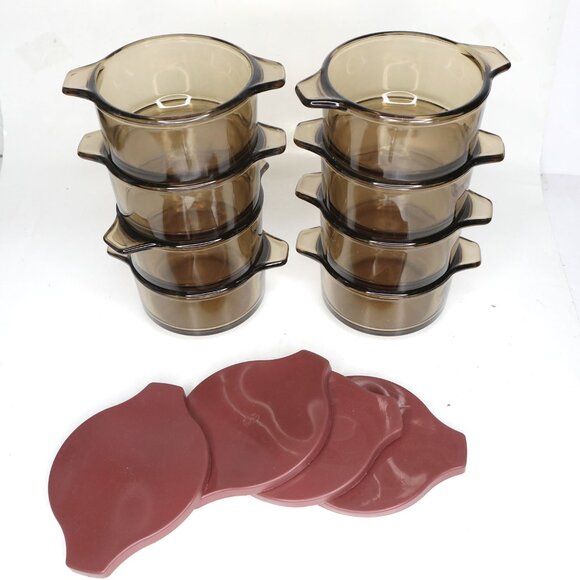 Vintage Dynaware Pyr-O-Rey Amber Glass Small Baking Casserole Bowls Mexico x 8 - Picture 3 of 15